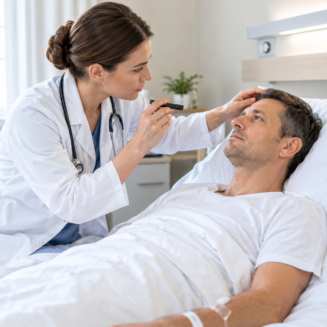 Врач осматривает пациента в стационаре перед выводим из запоя